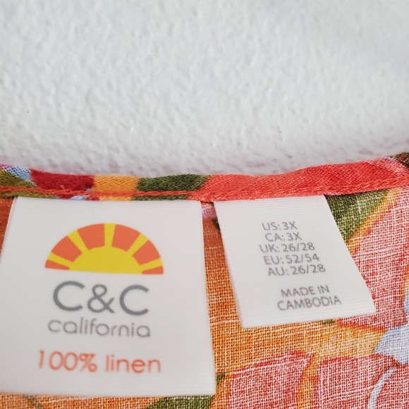C&C California Shirt Womens 3X Multicolor Linen Tropical Leaf Print Summer Top - Picture 2 of 7